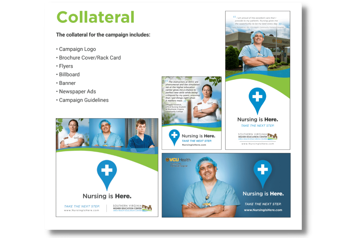 Examples of collateral designed for the Virginia AHEC nurse recruitment campaign.