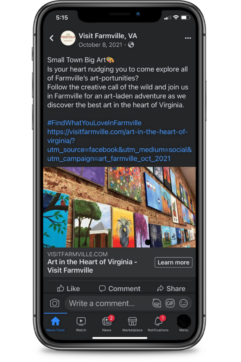 Phone with Visit Farmville social media post depicted: "Small Town, Big Art"
