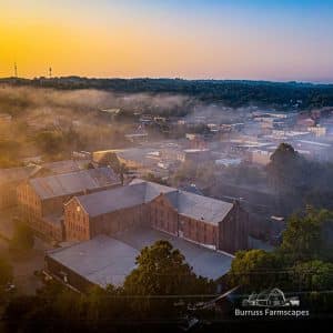 Drone overhead image of Farmville, Va., as featured on a destination marketing itinerary/blog.