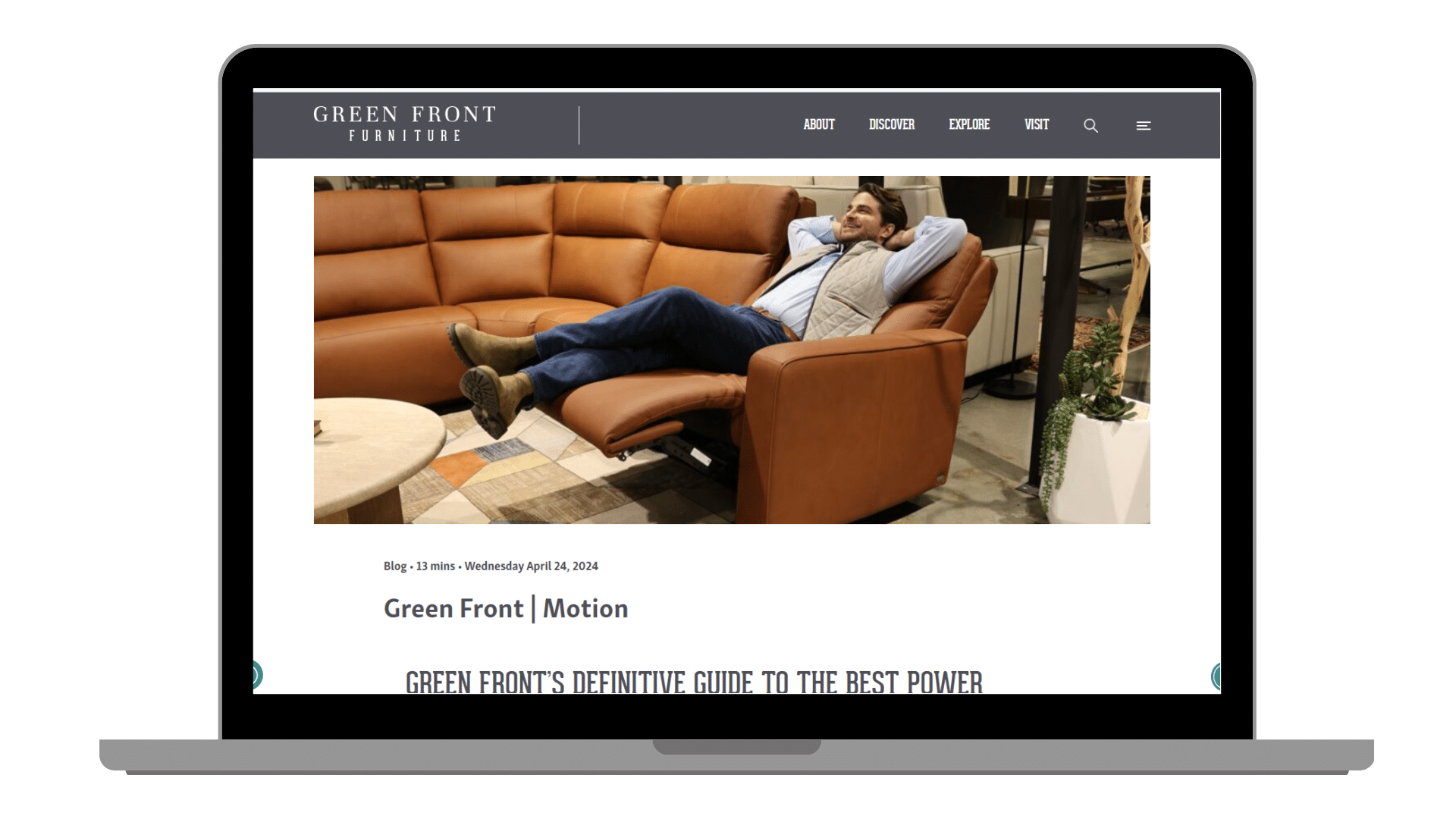Green Front Furniture motion blog on a laptop computer.