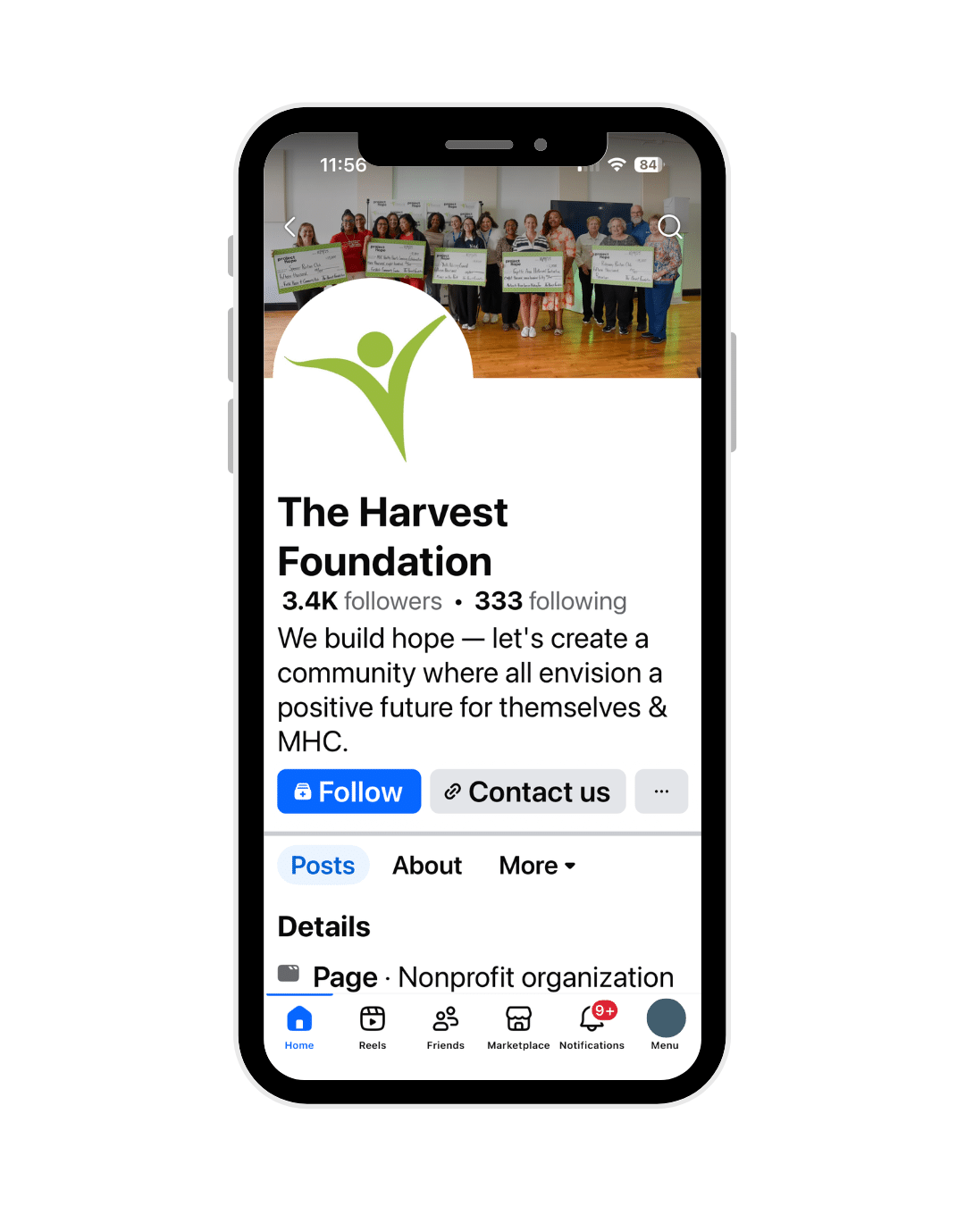 Cell phone open to the Harvest Foundation Facebook page