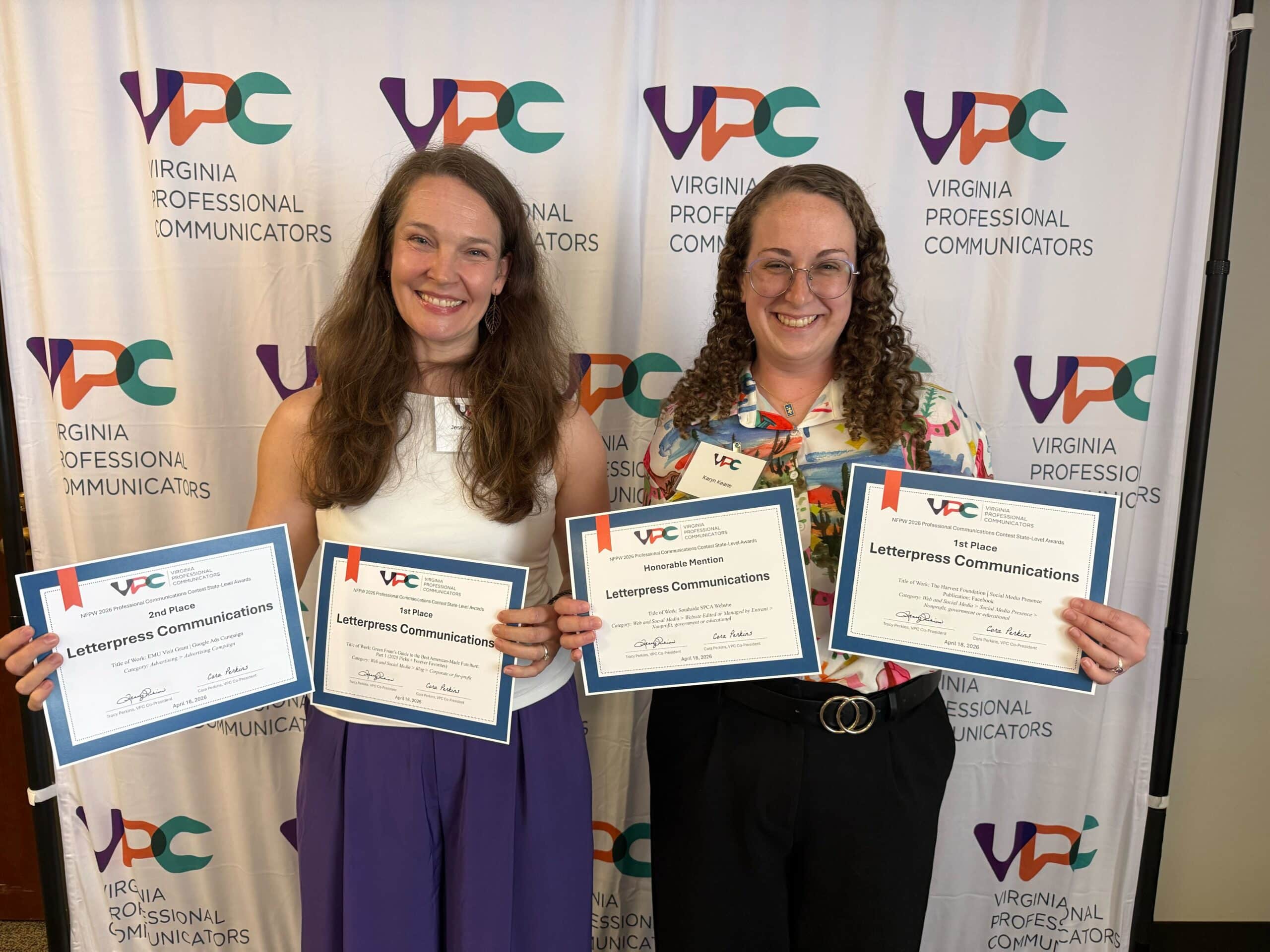 Letterpress Communications team accepts awards at the 2026 Virginia Professional Communicators Spring Conference.