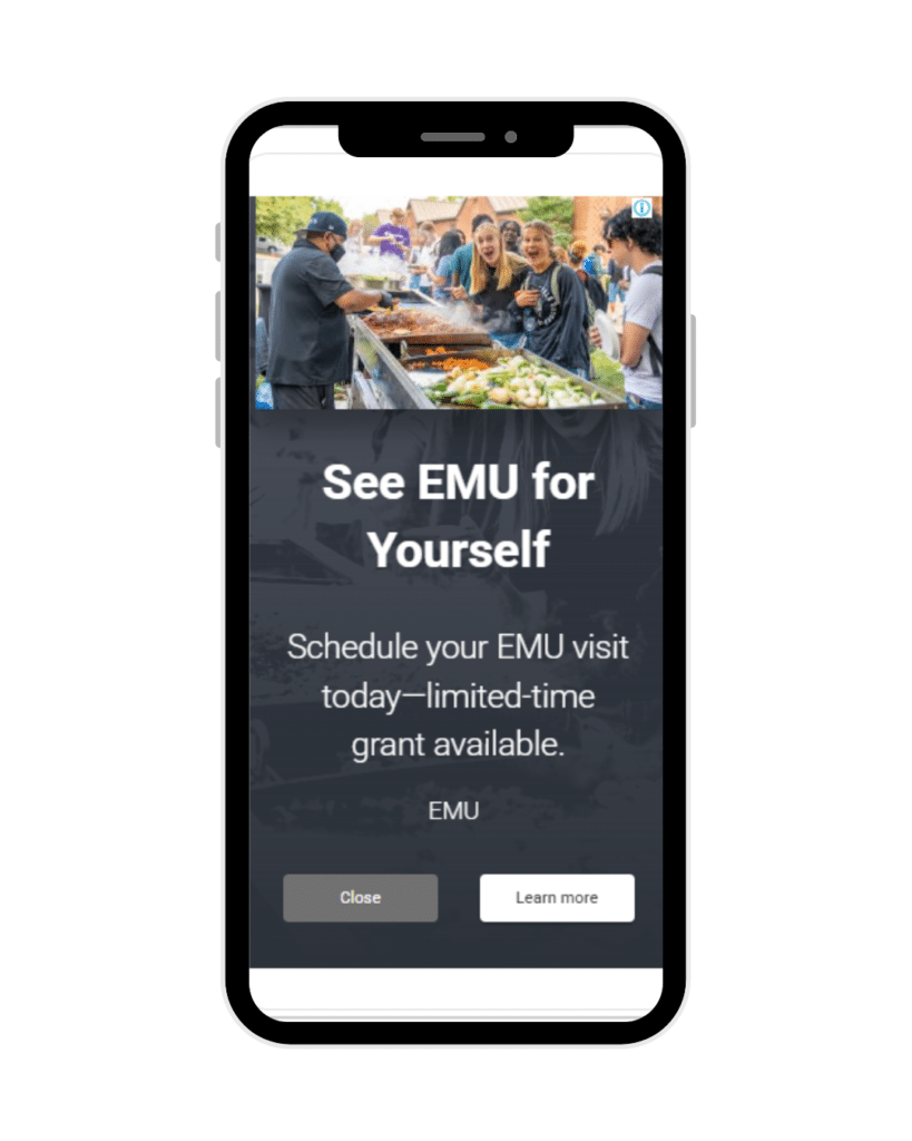 Cell phone with a "See EMU for Yourself" Google ad, featuring students at a cookout
