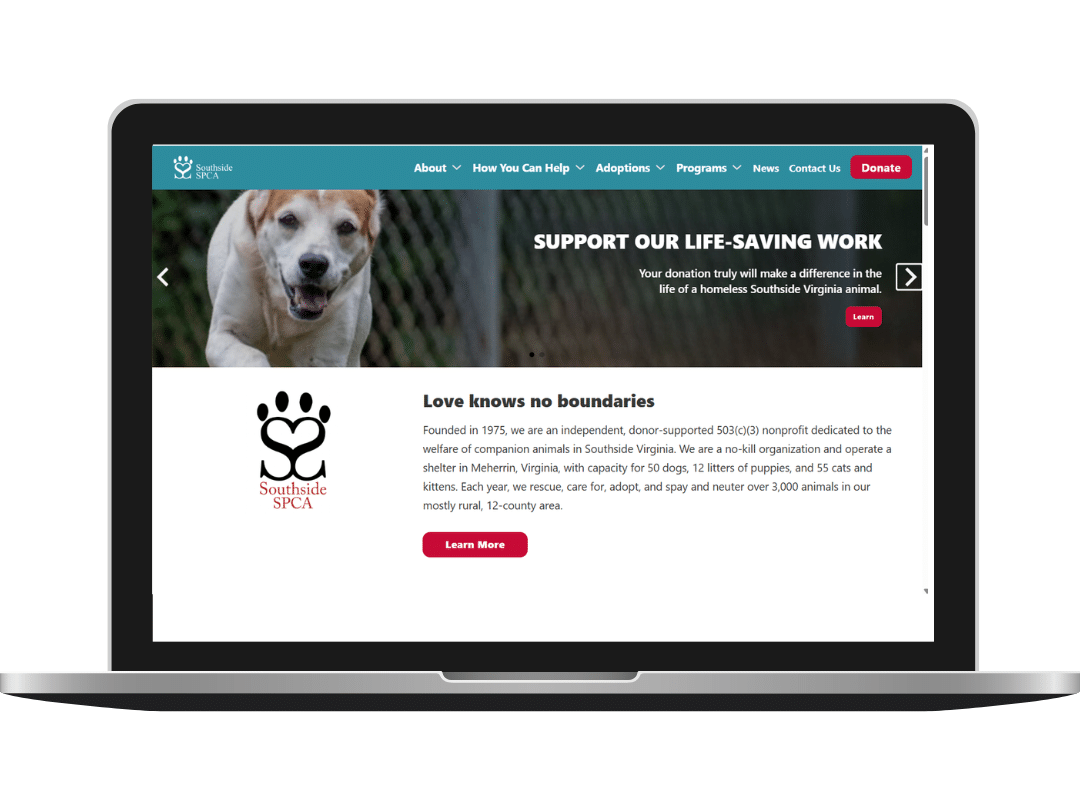 Laptop open to the Southside SPCA landing page