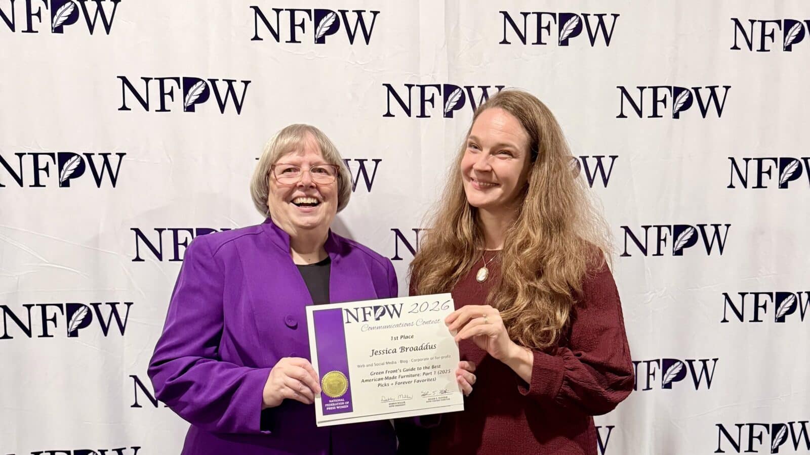 Letterpress Communications Senior Writer Jessica Broaddus receives a first place national communications award for 2026 for-profit blog from National Federation for Press Women President Debbie Miller.