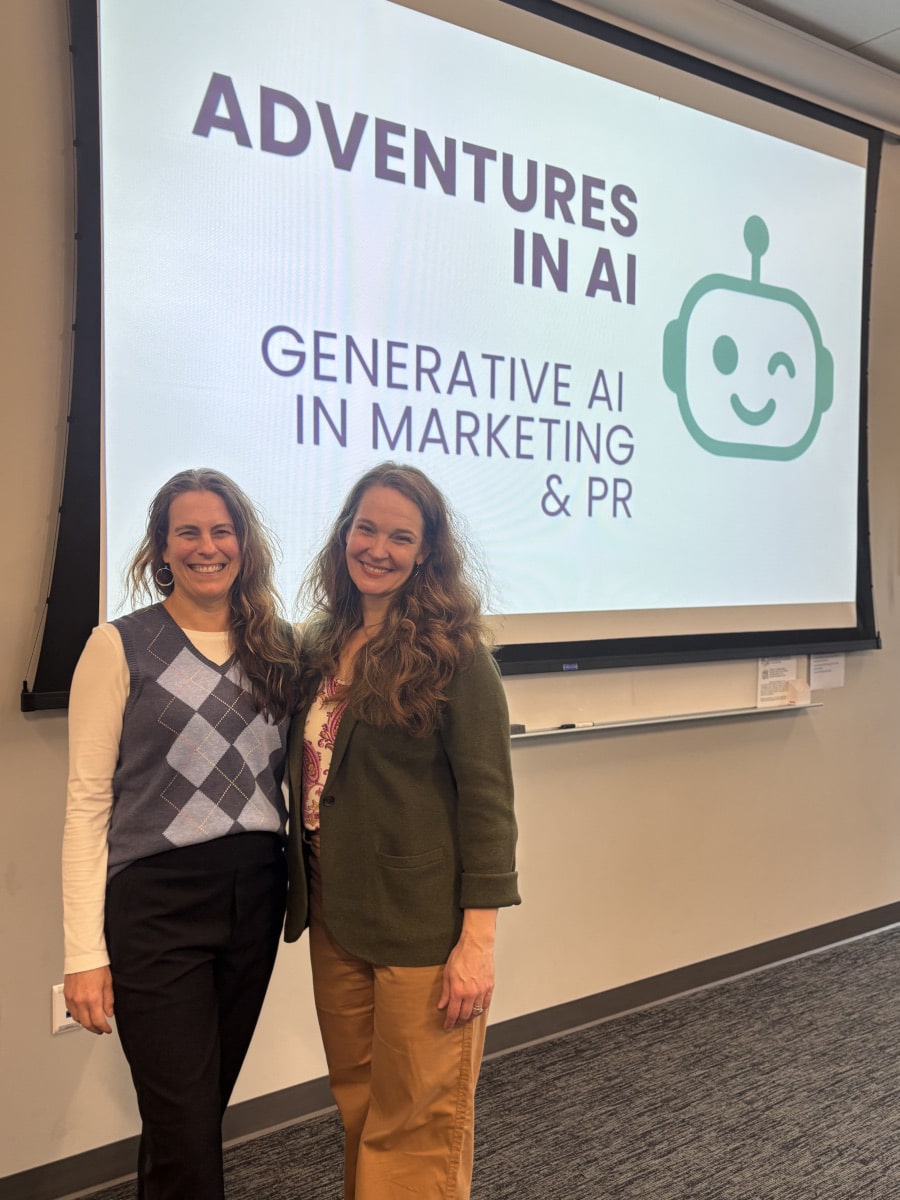 Letterpress Senior Writer Jess Broaddus poses in front of a presentation that says “Generative AI in Marketing and PR.”
