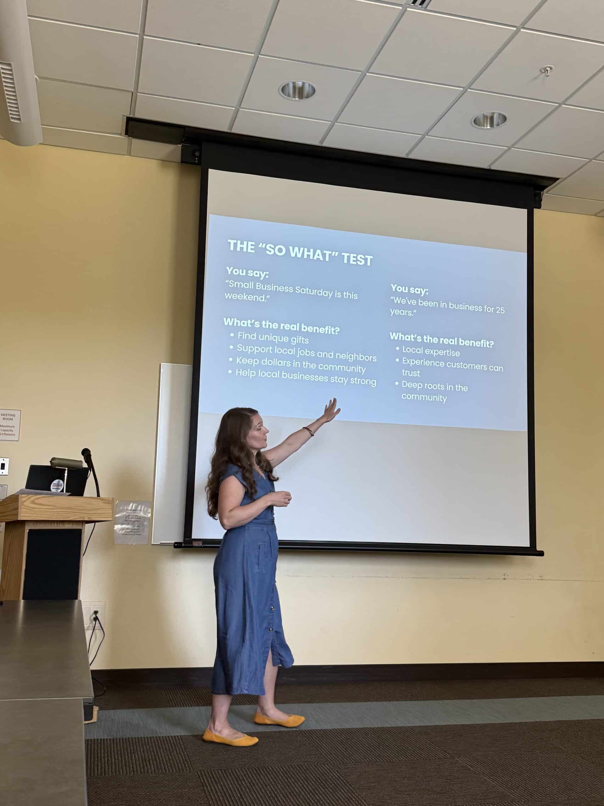 Senior Writer Jess Broaddus teaches a workshop to the Farmville Area Chamber of Commerce.