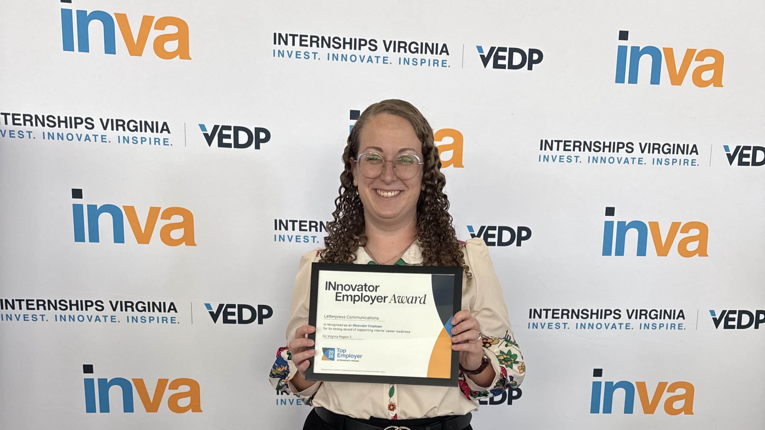 Letterpress Communications Social Media Manager Karyn Keane accepts the Internships Virginia Innovator Employer Award on Oct. 1 at the Virginia Chamber of Commerce’s Virginia Education and Workforce Conference in Richmond, Va.